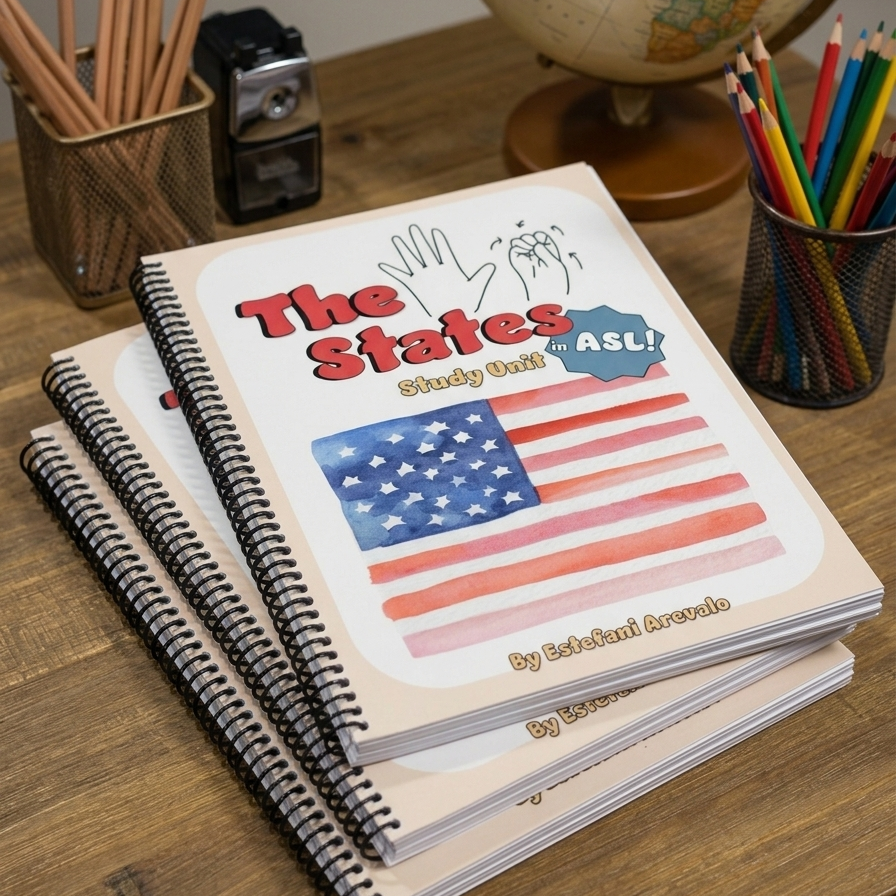 A stack of spiral-bound study guides titled "The States" on a wooden desk, surrounded by school supplies including a globe, pencils, and a camera.