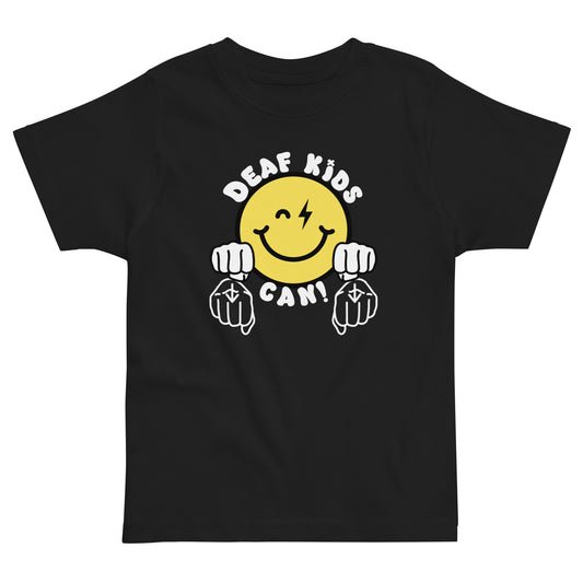 Black t-shirt featuring a yellow smiley face with a lightning bolt mouth and the white words DEAF KIDS above CAN flanked by two white fist emojis pointing down